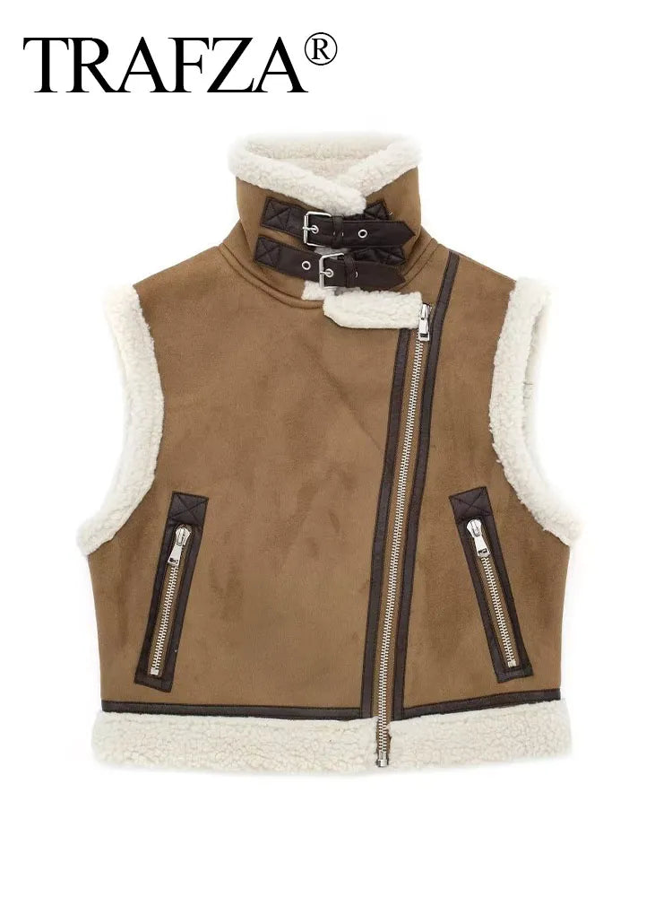 Woman Faux Leather Lambswool Patchwork Sleeveless Vest Autumn Jackets Female Fashion Thickening Warm Zip Waistcoats Coat