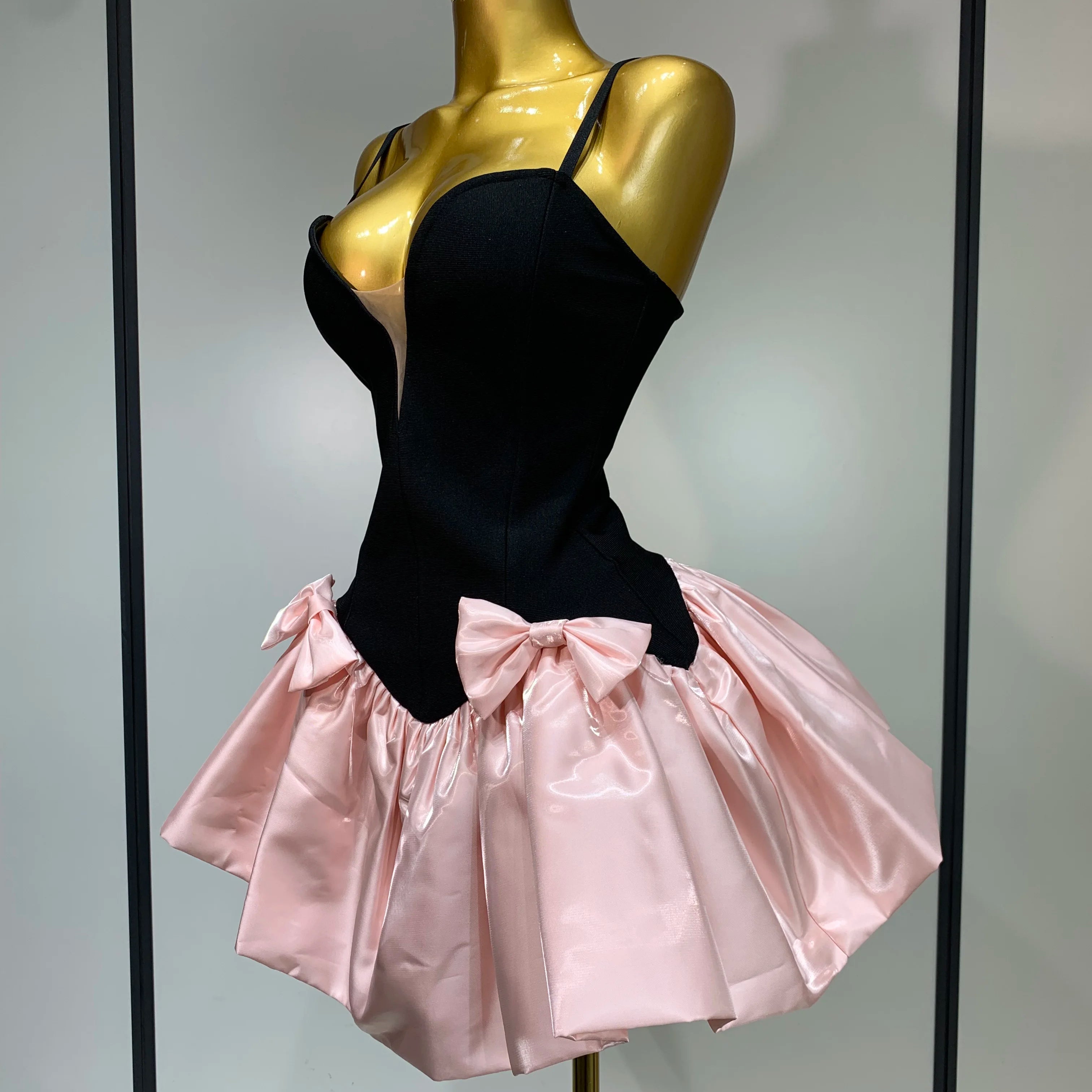 Women Sweety Short Bandage Dresses Evening Party Bow Decoration Bubble A-line Mini Girls Dress Elegant Luxury Birthday Dress