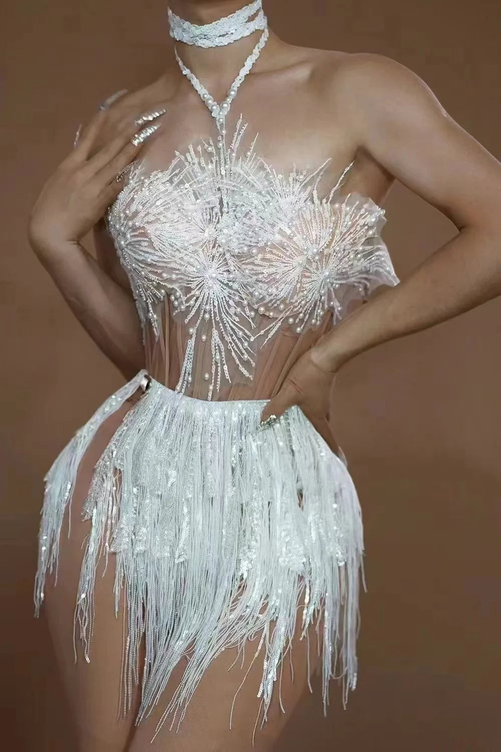 Shinning Sequins Tassels Sexy Halter Off the Shoulder 2 Pieces Bodycon Mini Dress Fashion Nightclub Party Performance Costume