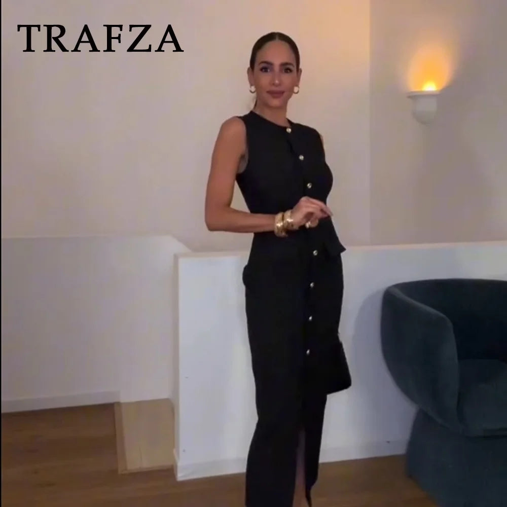 TRAFZA 2025 Spring Summer Streetwear Women Dresses Fashion Casual ELegant Sashes Sleeveless Button Solid Zipper Ladies Dresses