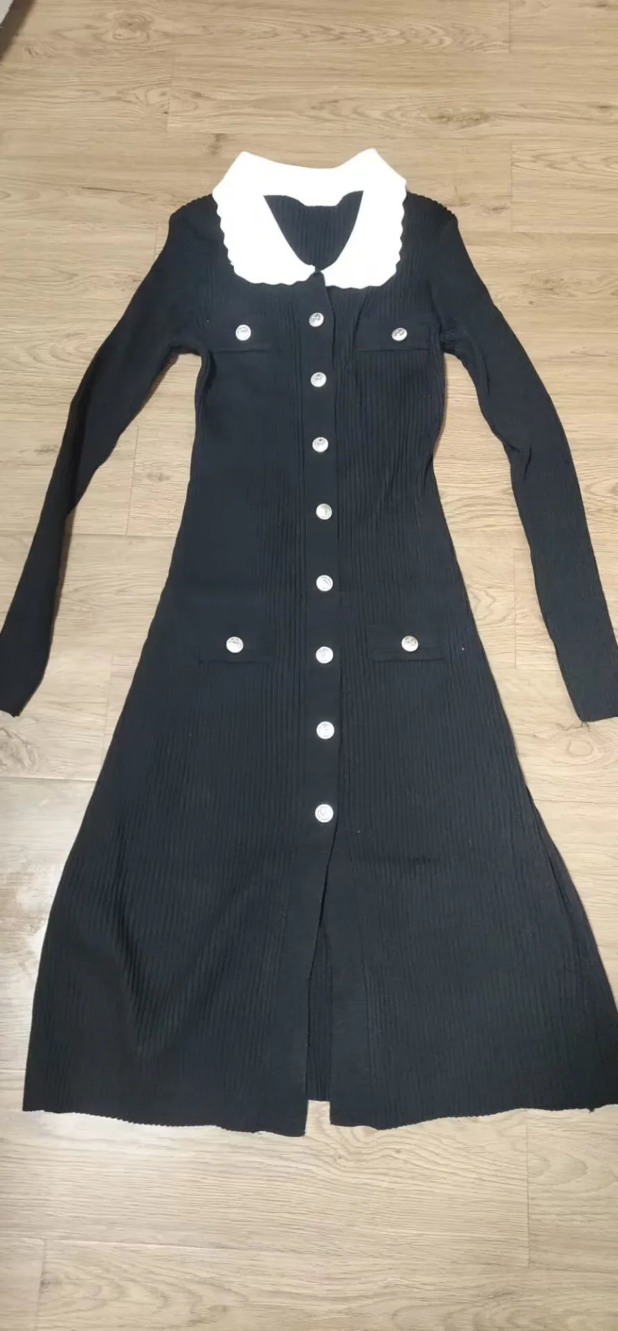 Summer Fashion Women Lapel Color Contrast Short Sleeve Luxury Decoration Knitting Dress Female Sweater long sleeve One Size