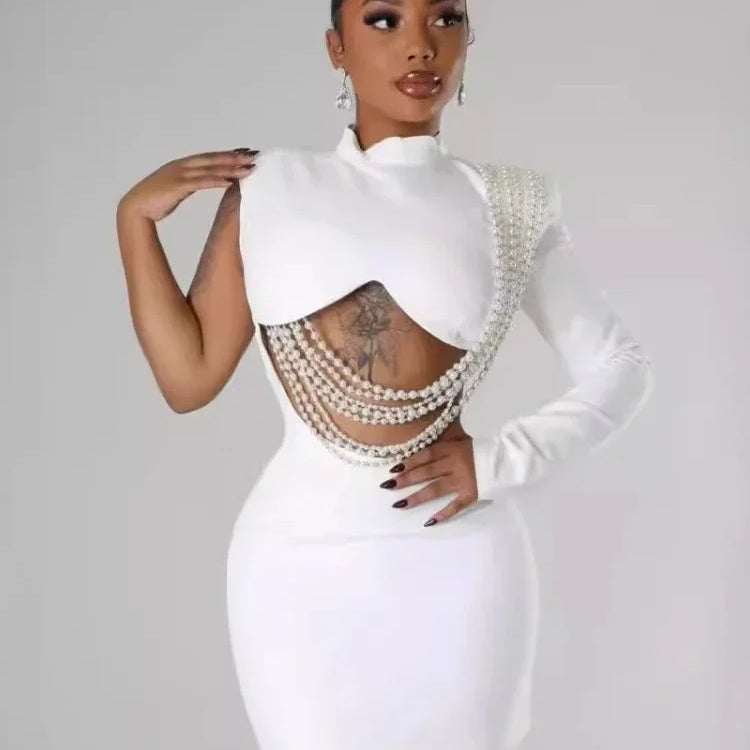 Women Full Sleeve Elegant O-neck Mini Dress 2024 Summer Pearl String Sexy Street Night Club Party Vestidos Dresses