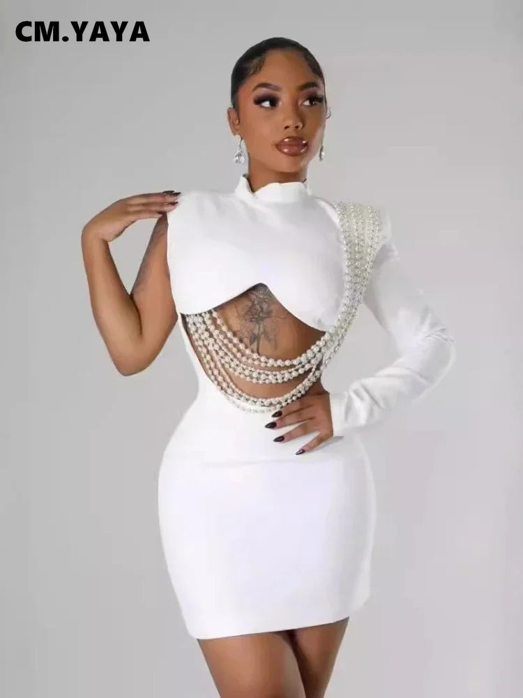 Women Full Sleeve Elegant O-neck Mini Dress 2024 Summer Pearl String Sexy Street Night Club Party Vestidos Dresses