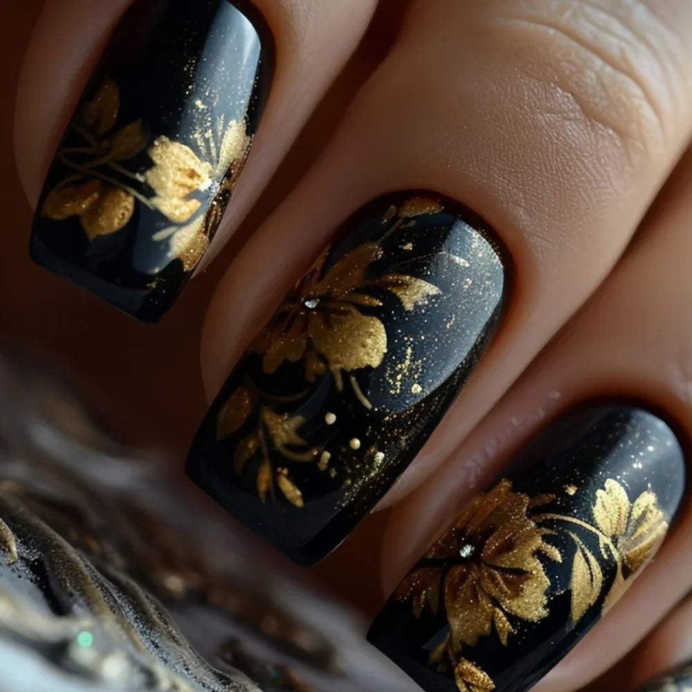 24Pcs Solid Black Short False Nails with Rose Pattern Design Ballerina Square Artificial Full Cover Press on Nail Tips for Girls 31