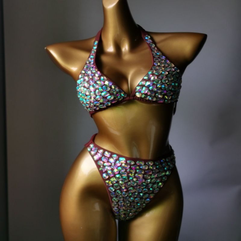 Push Up Gathered Sexy Women's Swimsuit Luxury Rhinestone Crystal Diamond Bikini High Waist Halter Straps Swimwear coffee