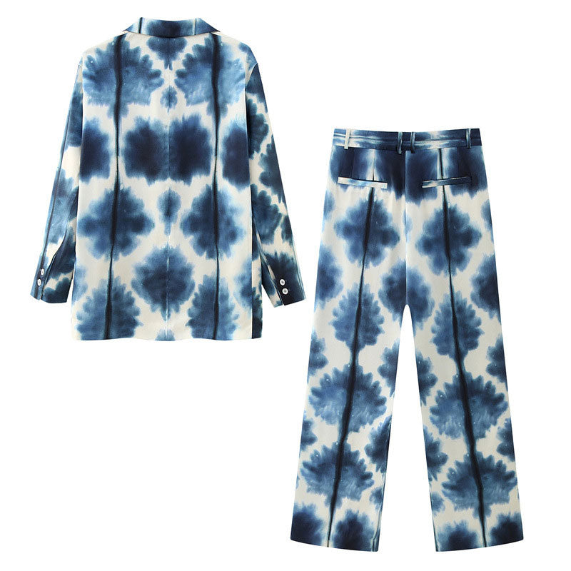 Printed Notched Blazer Women Suits With Belt Elastic High Waist Wide Leg Female Pants Two Piece Set Long Sleeve Top Outfits D Blazer Suit