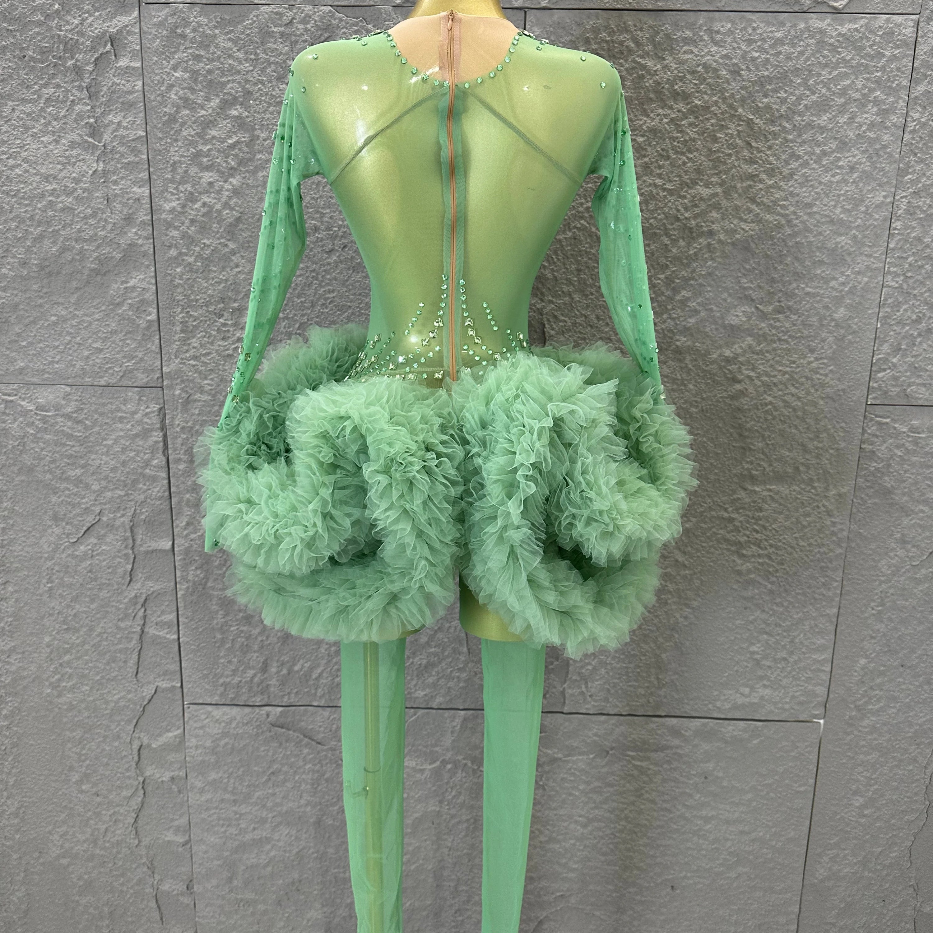 Sparkly Green Long Sleeve Bodysuit Women Stage Performance Sheer Mesh Rhinestone Embellished Ruffle Tulle Latin Dance Costume