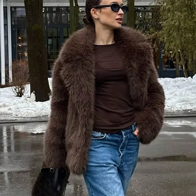 HH Women Fashion Lapel Faux Fur Jackets Elegant Solid Long Sleeves Oversized Coats 2025 Female Winter Fuzzy Warm Outerwear