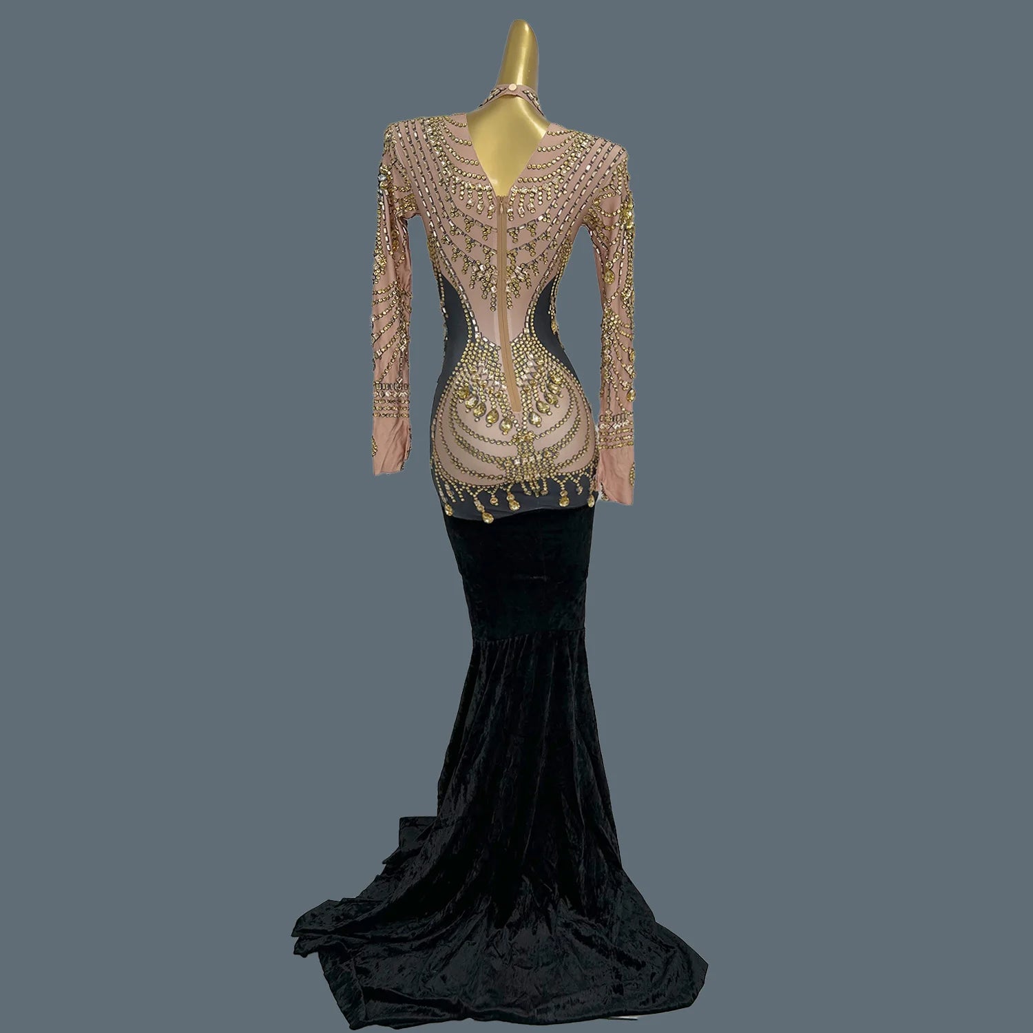 Elegant Gold Crystal Velvet Birthday Wedding Party Dress Ladies Trailing Ball Evening Gown Women Prom Mermaid Dresses Sirongqun