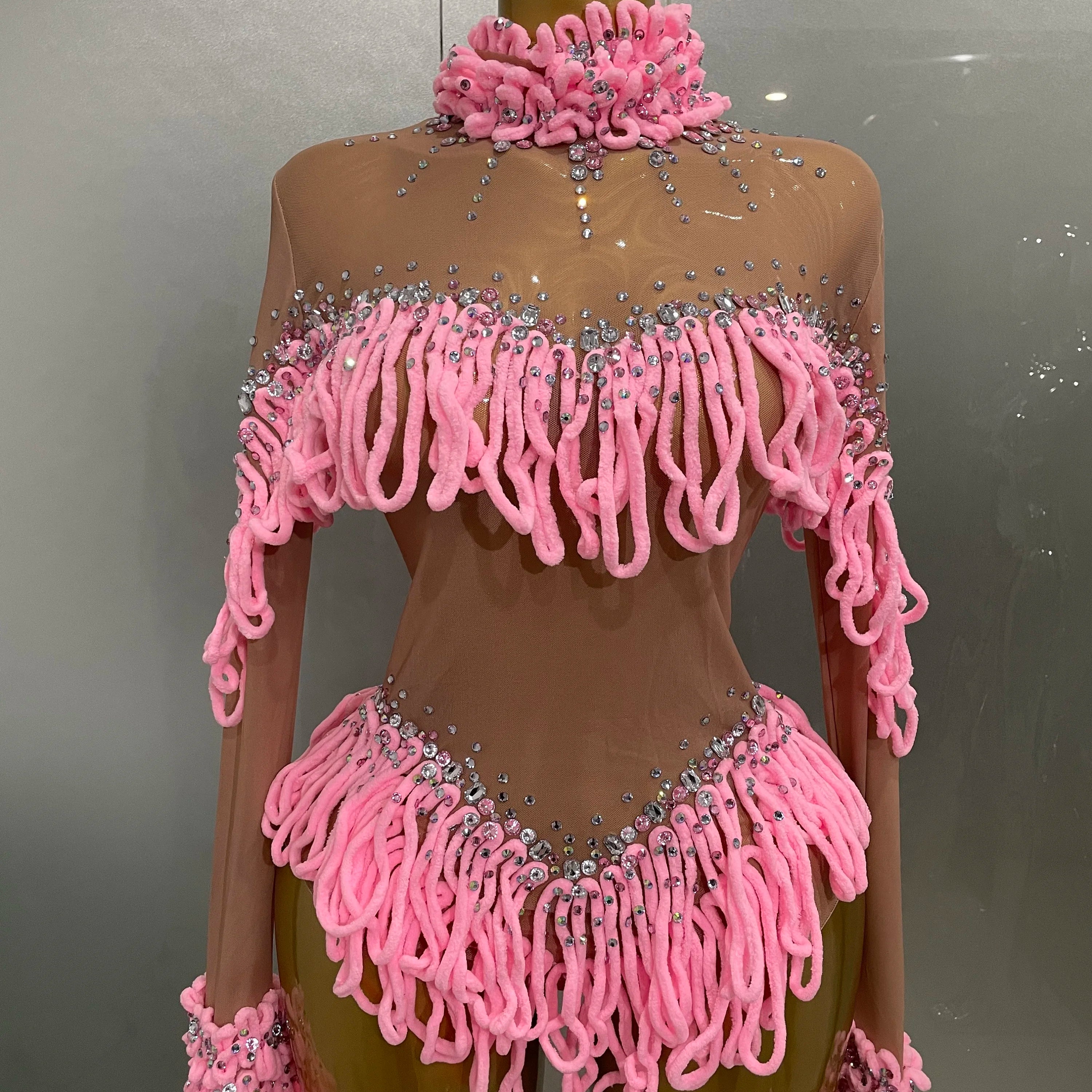 2025 New Women Shining Rhinestones Sexy Mesh Tassels Bodysuit Birthday Party Club Performance Dance DJ Leotard Show Stage Wear Pink