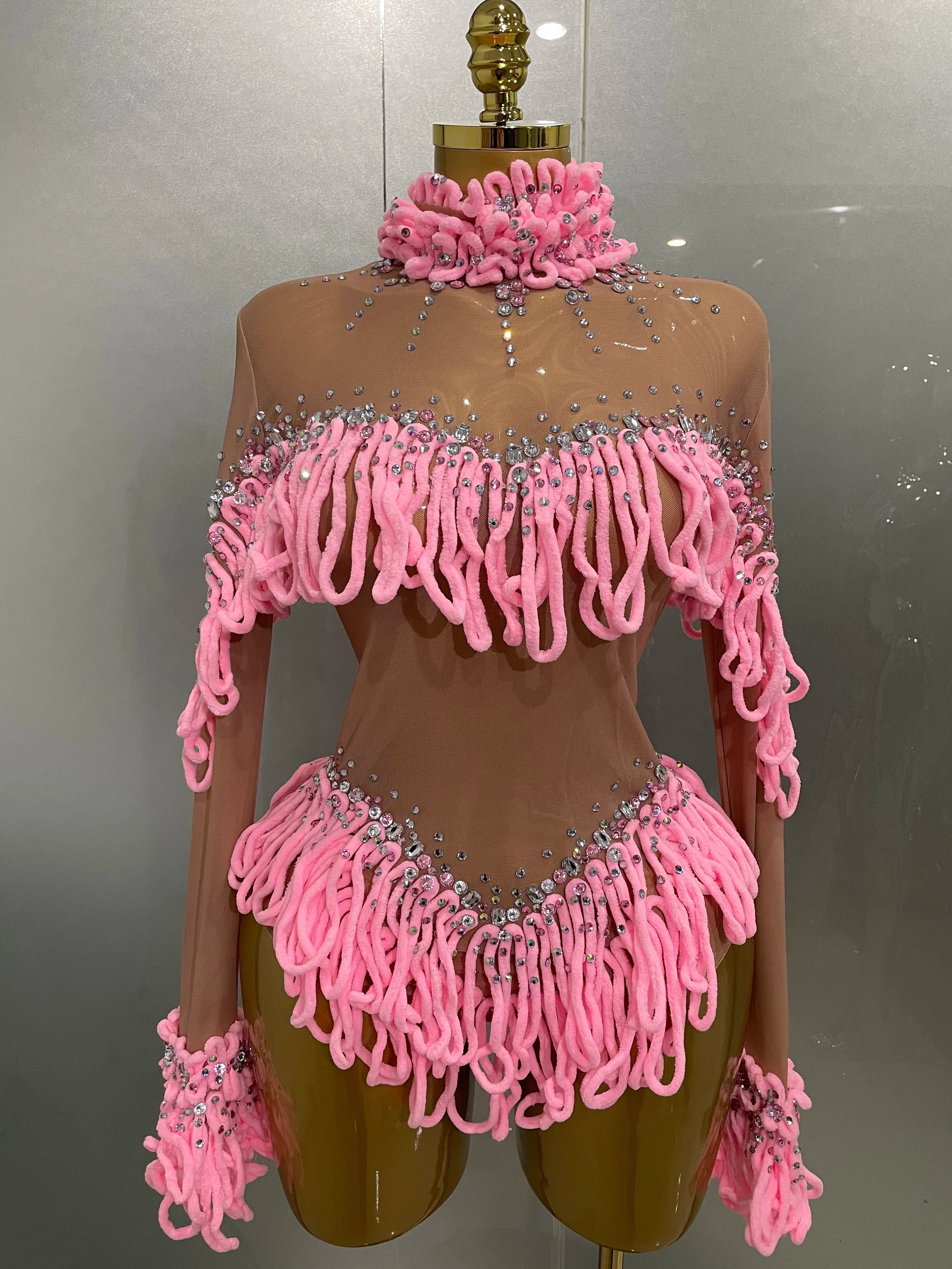 2025 New Women Shining Rhinestones Sexy Mesh Tassels Bodysuit Birthday Party Club Performance Dance DJ Leotard Show Stage Wear Pink