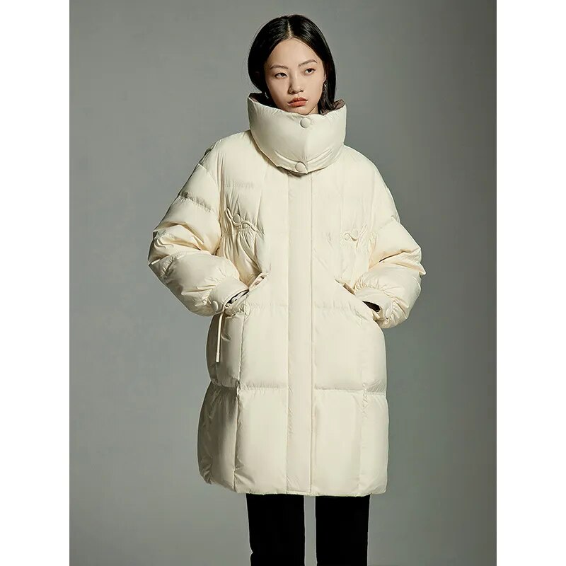 Toyouth Women White Duck Down Jacket 2024 Winter Long Sleeve Double Layered Standing Collar Loose Thick Coat Chic Warm Overcoat