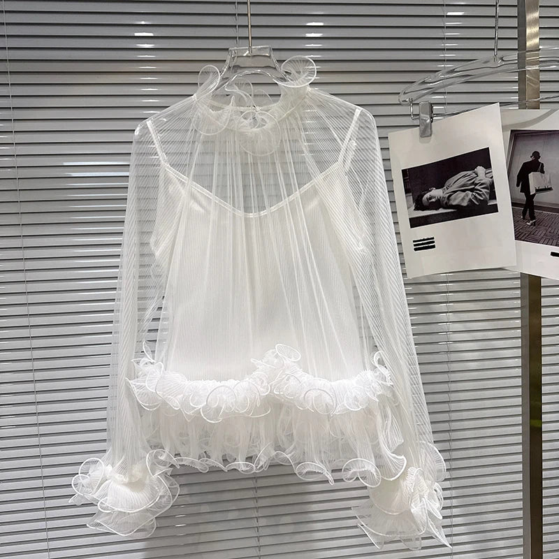 Winter New Items Style Elegant Ruched Lace Inner Camisole Chiffon Blouse For Women Loose Versatile Shirts 11A07896