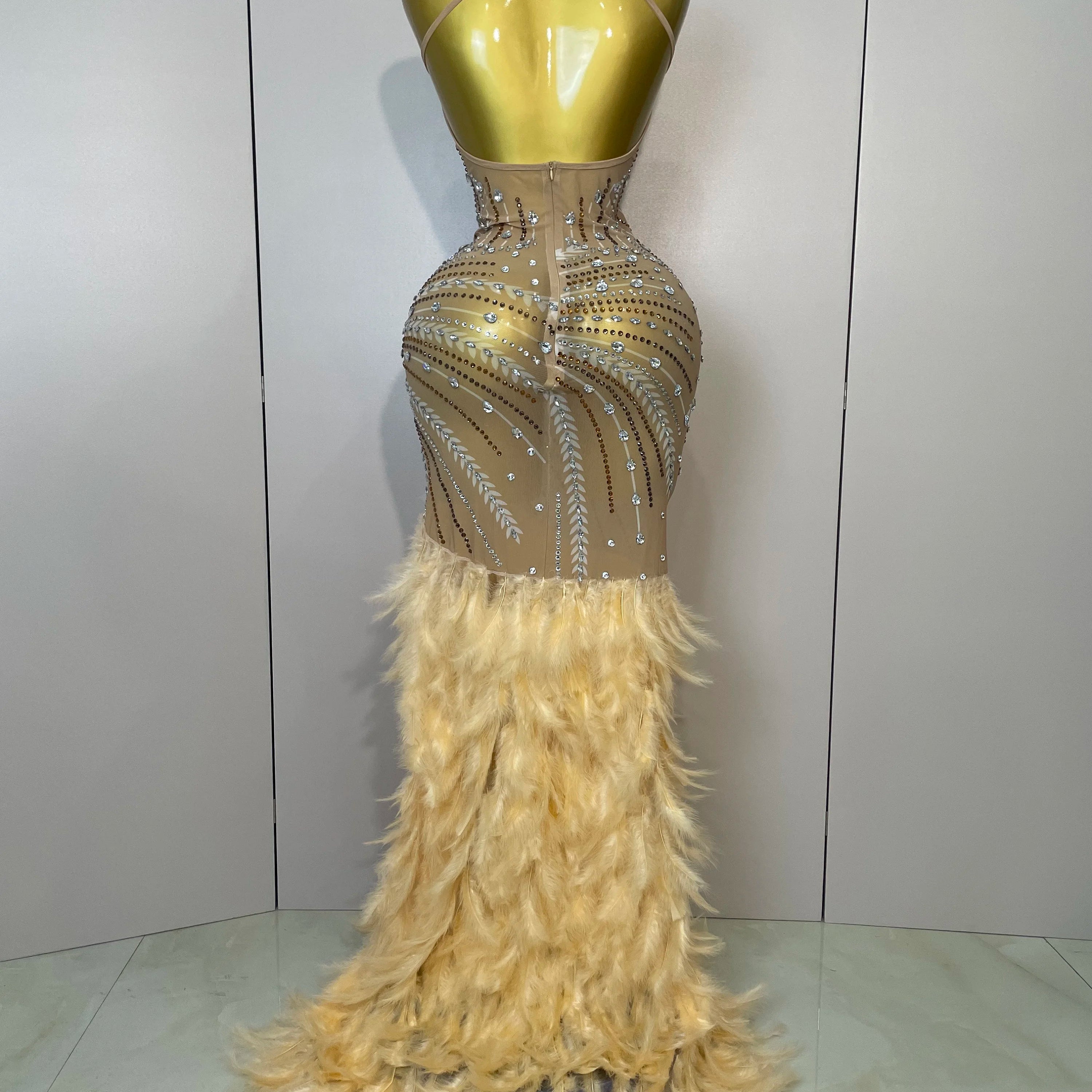 Sparkly Sexy Crystal Floor-Length Feathers Maxi Dress 2025 Elegant Evening Party Birthday Performance Prom Dance Stage Costume