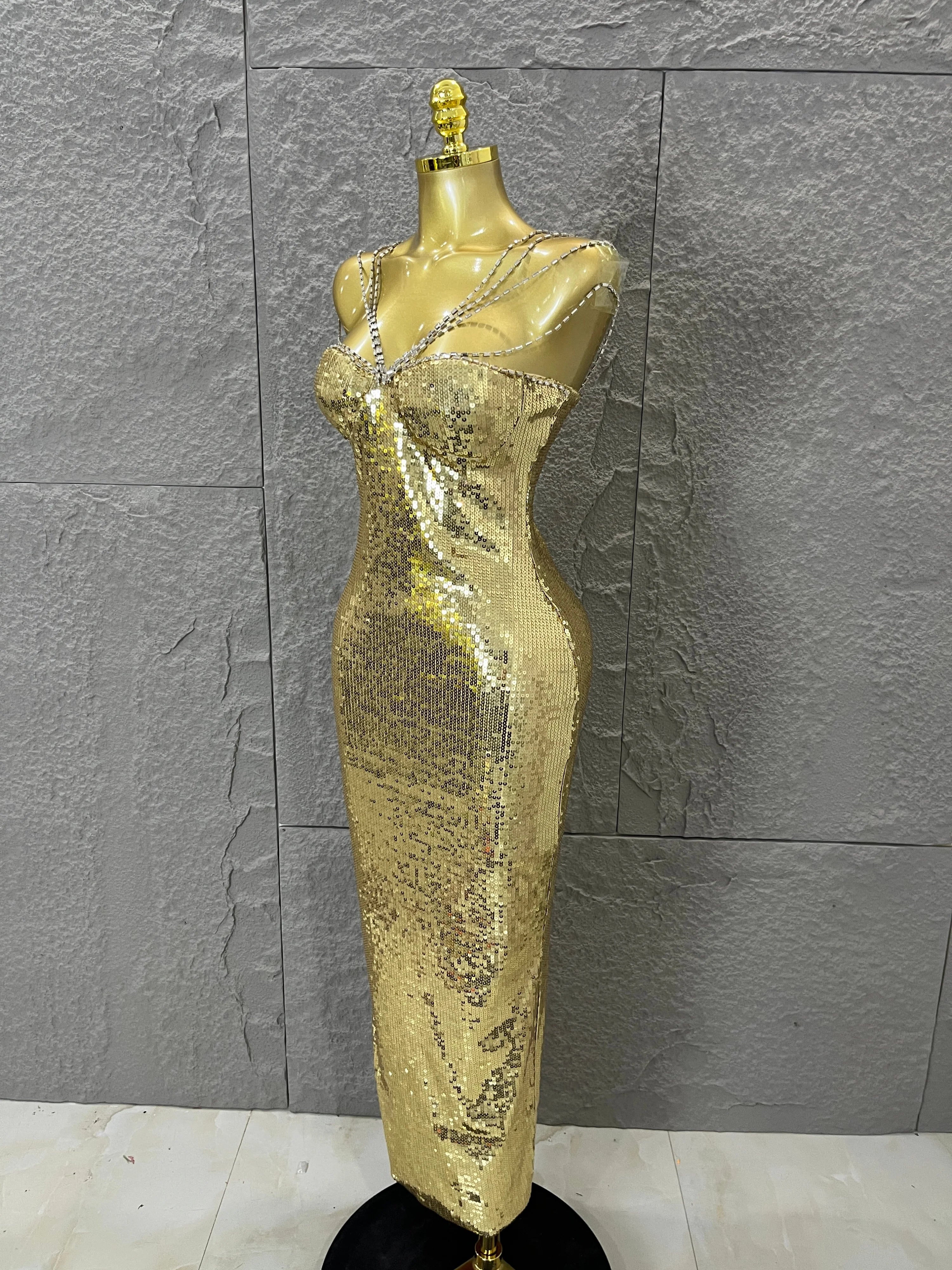 Classic Gold Sequin Mermaid Dress Rhinestone Chain Shoulder Straps Sweetheart Neck Formal Evening Gala Photoshoot Cocktail Party