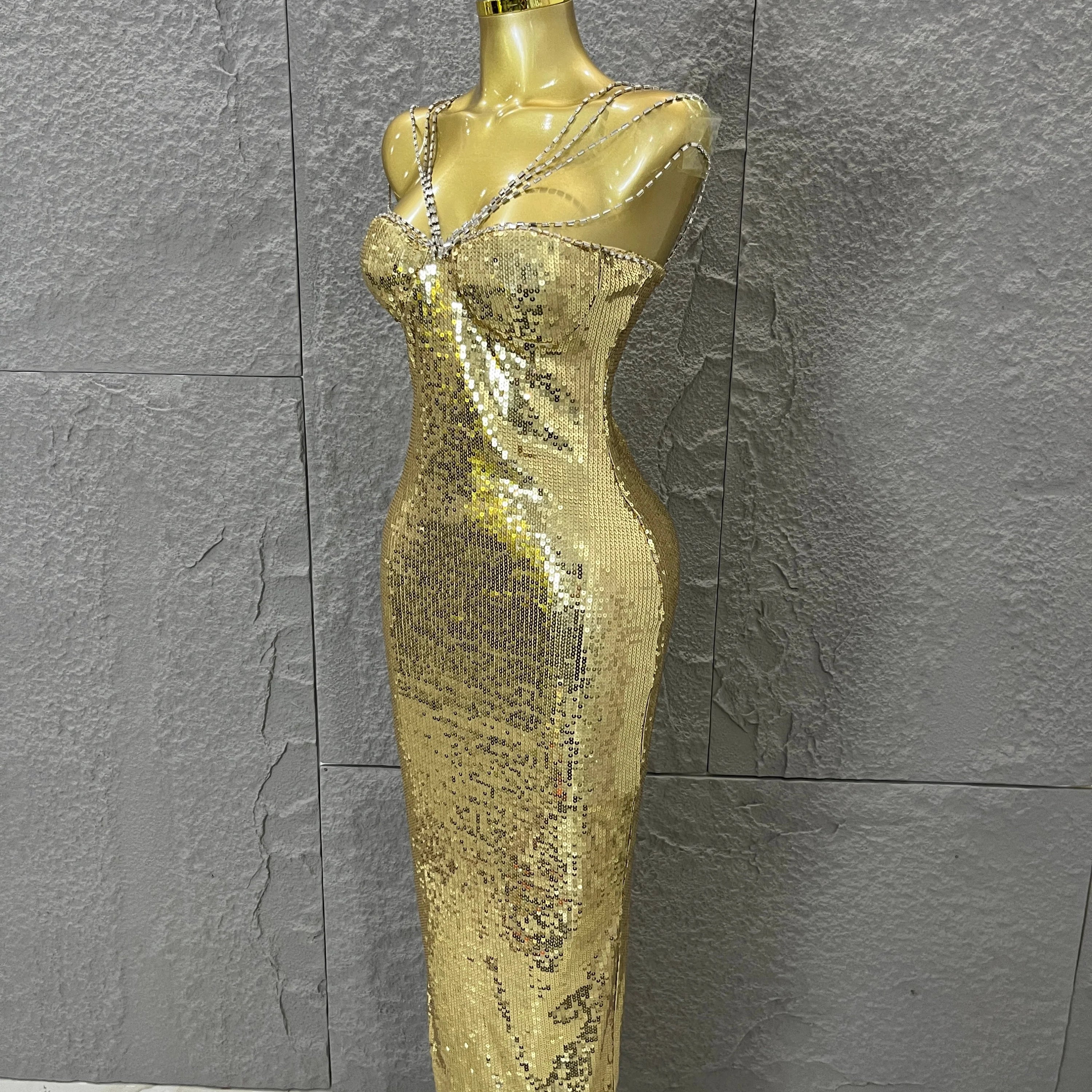 Classic Gold Sequin Mermaid Dress Rhinestone Chain Shoulder Straps Sweetheart Neck Formal Evening Gala Photoshoot Cocktail Party
