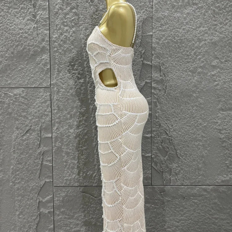 Hot Sale Women Sleeveless Sexy Strap Pearl Beading Bodycon Long Dress Celebrate Evening Party Birthday Cocktail Outfit
