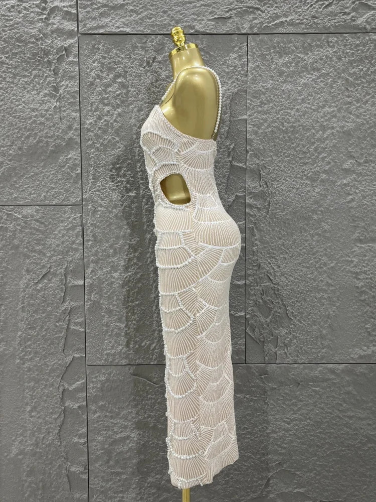 Hot Sale Women Sleeveless Sexy Strap Pearl Beading Bodycon Long Dress Celebrate Evening Party Birthday Cocktail Outfit