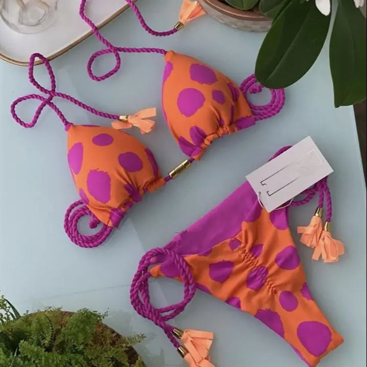 Women's Rope Swimwear Strap Split Bikini Printed Triangle Swimsuit 8249