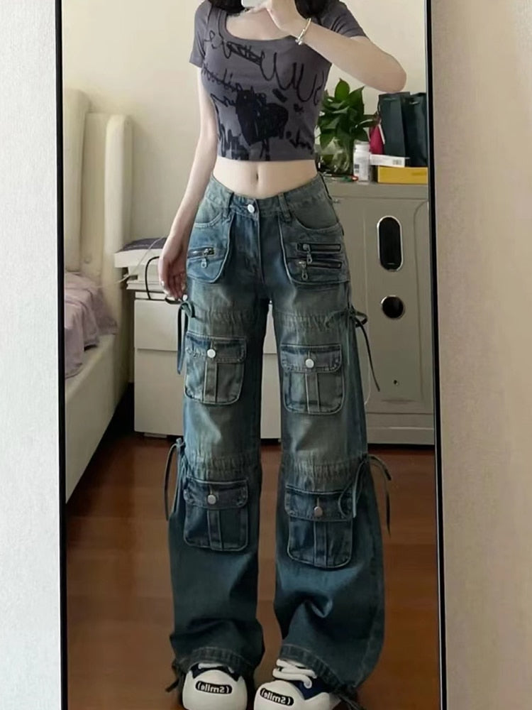 Womens Girls Low Rise Cargo Pants Straight Wide Leg Baggy Y2K Gothic Denim  Trousers Streetwear with Pockets 