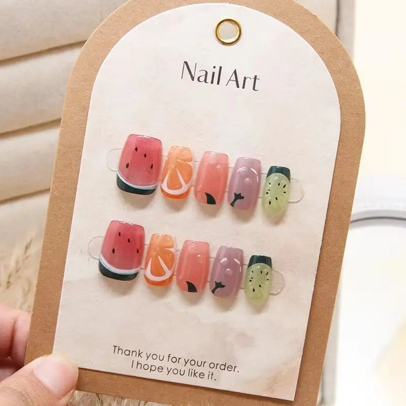 10Pcs Summer Fresh Fruit Pattern Design False Nails Detachable Lovely Short Square Ballet Glossy Full Cover Handmade Nails Art