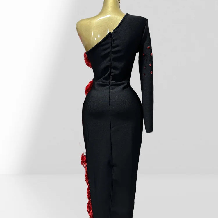2025 New Red Flowers Shining Diamonds Sexy Oblique Shoulder Black Bandage Dress Woman Birthday Party Dress Wedding Party Outfit