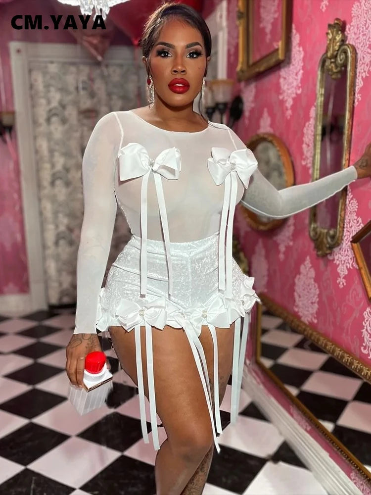 Women's Set Bow O-Neck Mesh Long Sleeve Tops + Velvet Shorts Suits Streetwear Sexy Two 2 Piece Outfits Tracksuits Summer