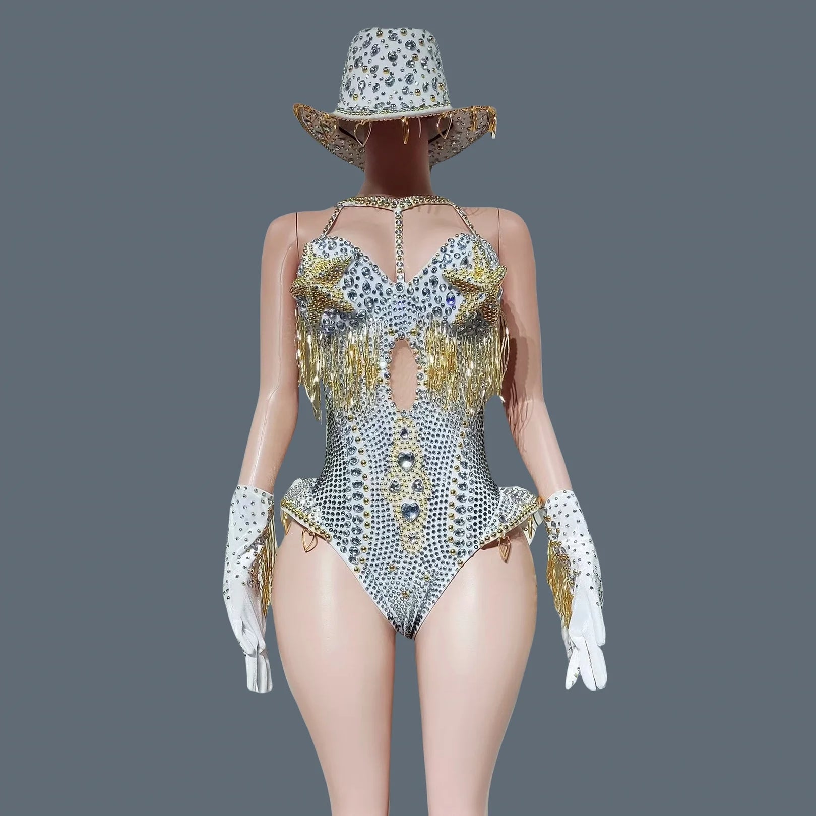Sparkly Rhinestone Tassel Luxury Bodysuit 4Piece Set Cowboy Night Out Party Outfit Stage Show Jumpsuit Carnival Wear Hongding WHITE