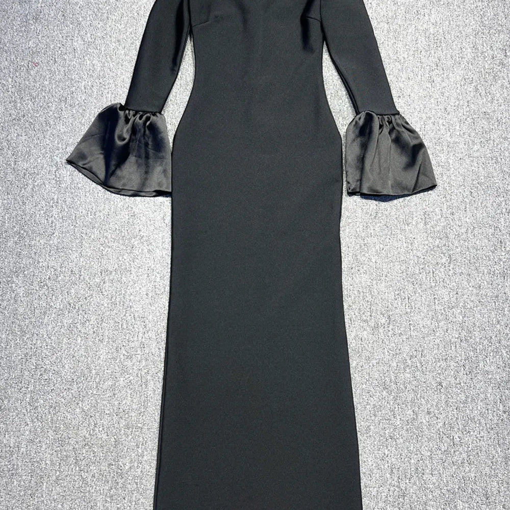 2024 Sexy Women's Bandage Long Dress with One Collar Shoulder and Horn Sleeve Bodycon Dress Cocktail Evening Party Vestidos black