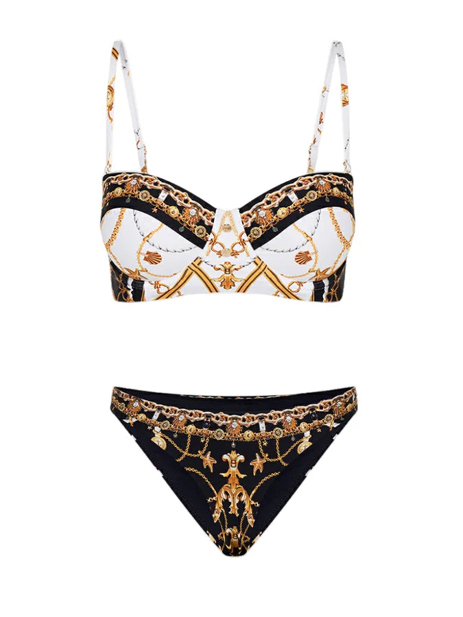 Courtl Vintage Gold Print One-piece Bikini Swimwear Costume Sexy Fashion Slim Fit Swimsuit With Long Trousers Beach Holiday 2024 Beige