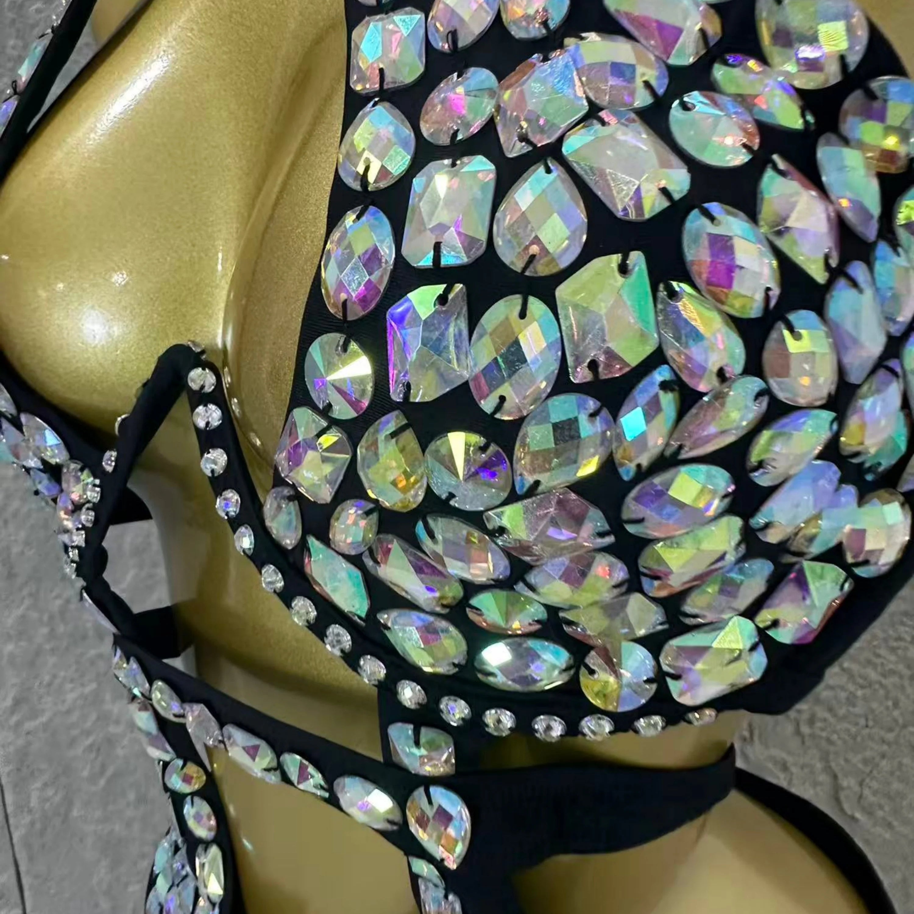 Women Sexy 2026 Luxurious Black Bodysuit Halter Neck Iridescent Crystal Embellished Cutout Outfit Stage Performance Costume