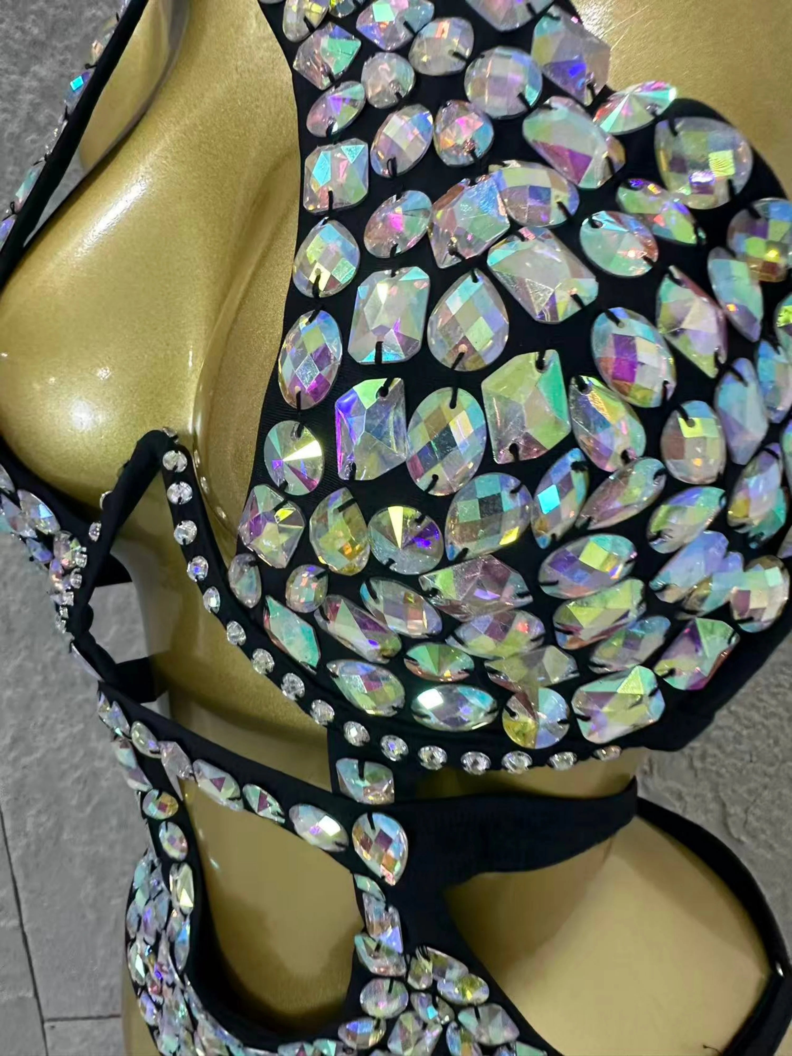Women Sexy 2026 Luxurious Black Bodysuit Halter Neck Iridescent Crystal Embellished Cutout Outfit Stage Performance Costume