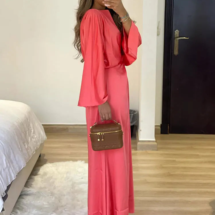 Solid Satin Batwing Sleeve Pleated Maxi Dress Women Fashion Long Sleeve O-neck High Waist Vestidos Lady Casual Loose Robes