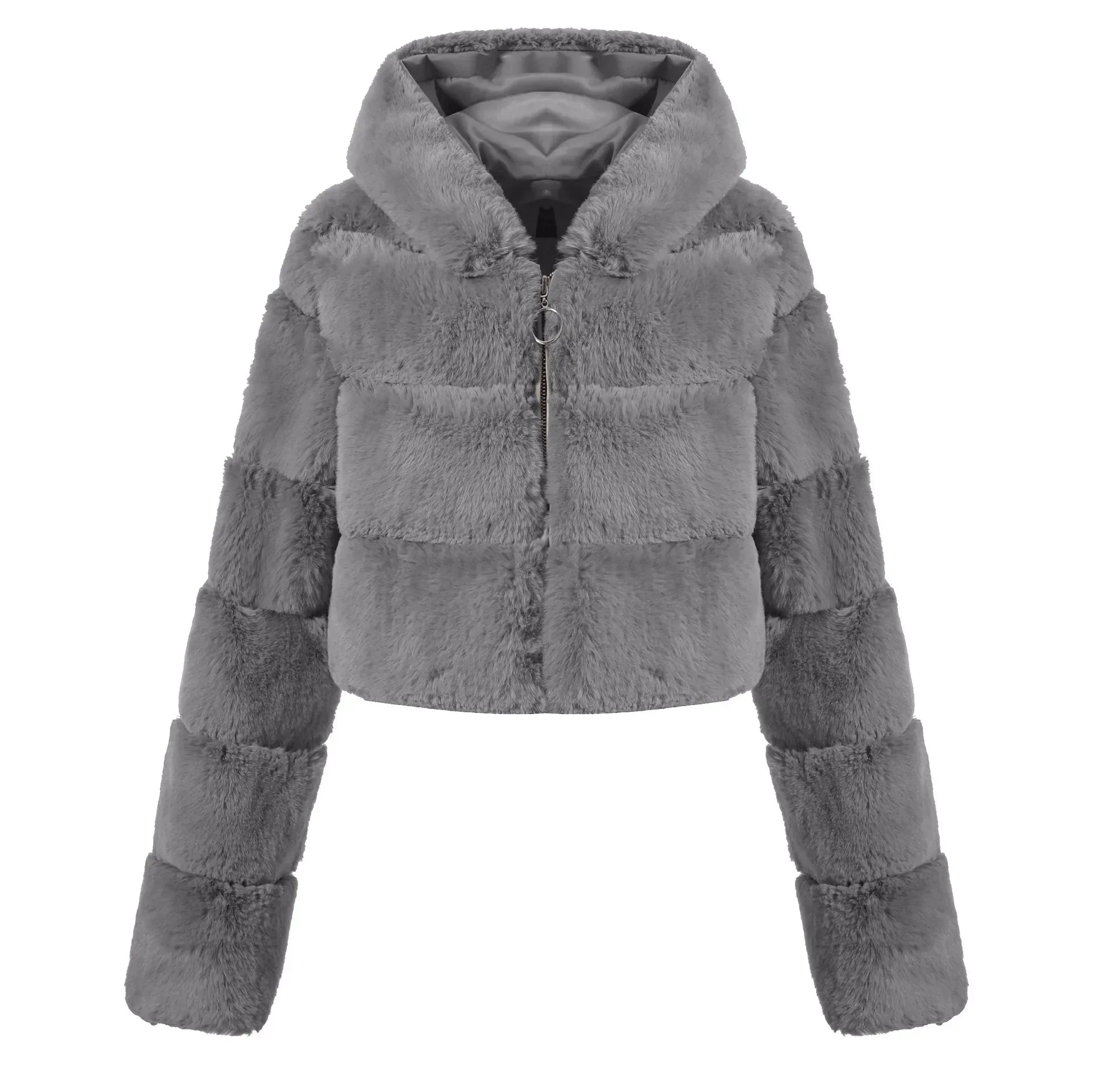 Winter Hooded Fluffy Jacket Women Faux Fur Coat Cropped Jacket Puffer Jacket Zip Up Winter Warm Fuzzy Teddy Coats Tops Outwear Gray