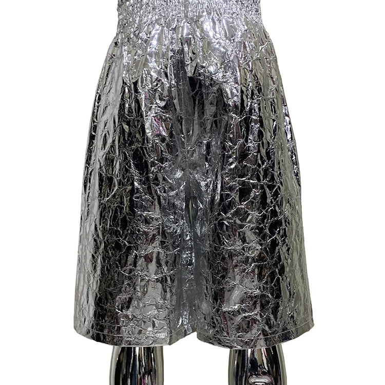 Lautaro Summer Autumn Shiny Silver Faux Leather Shorts for Men with High Elastic Waist Y2K Streetwear Emo European Clothes 2025