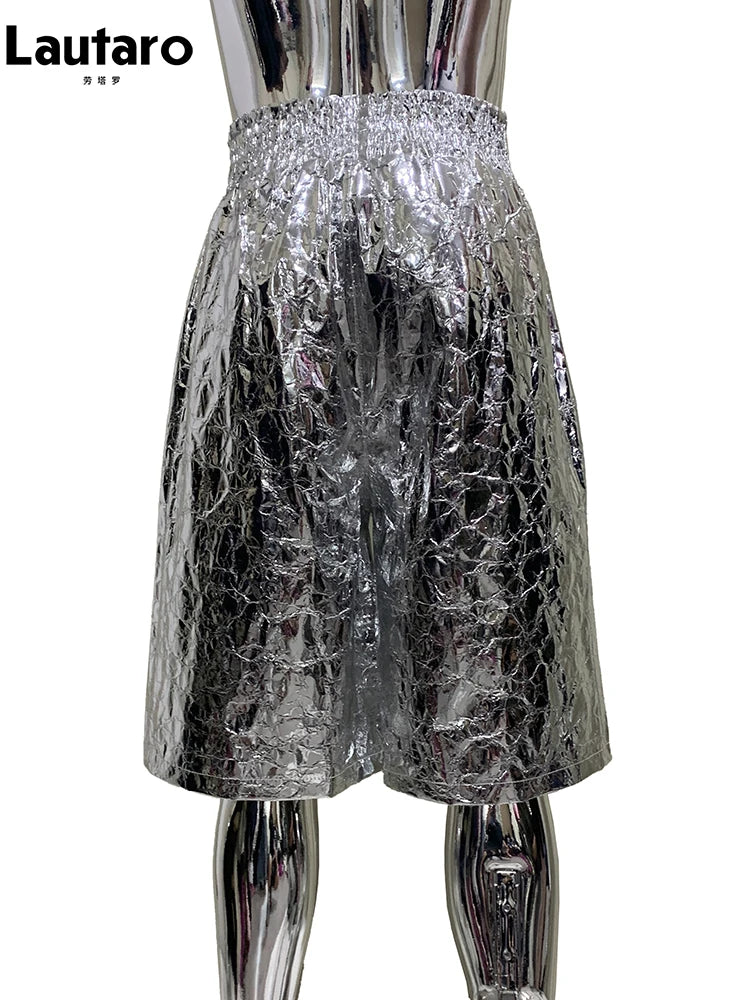 Lautaro Summer Autumn Shiny Silver Faux Leather Shorts for Men with High Elastic Waist Y2K Streetwear Emo European Clothes 2025