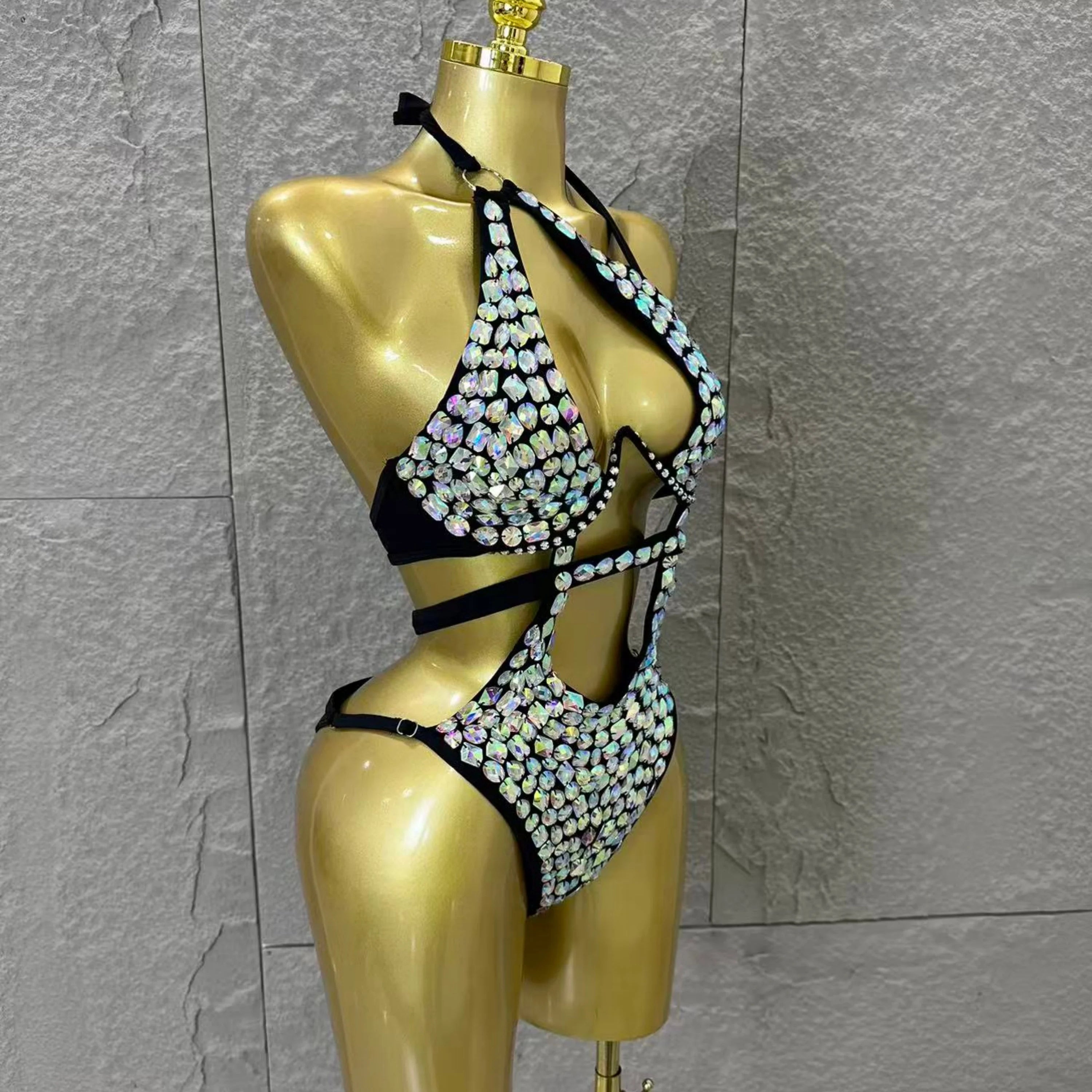 Gold Luxurious Black Bodysuit Women Sexy Halter Neck Iridescent Crystal Embellished Cutout Outfit Stage Performance Costume