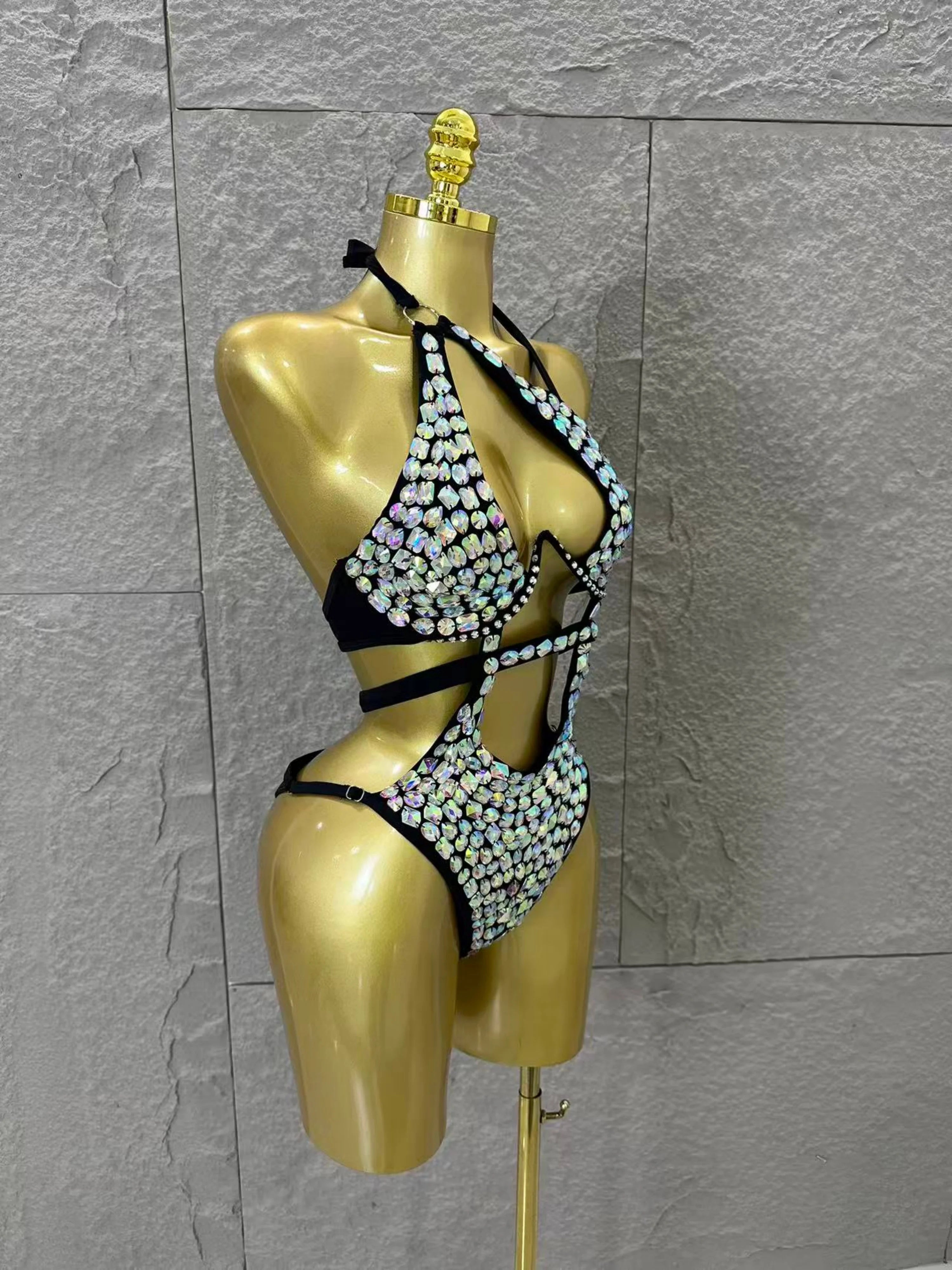 2026 Luxurious Black Bodysuit Women Sexy Halter Neck Iridescent Crystal Embellished Cutout Outfit Stage Performance Costume