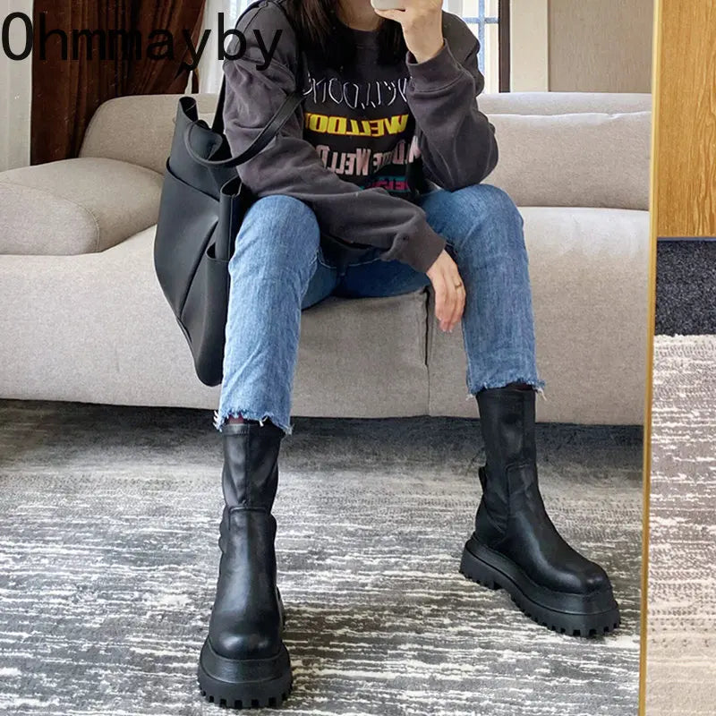 Winter Chunky Platform Heels Long Boots Round Toe Zipper Thick Sole Ladies Fashion Winter Women's Knee High Boots