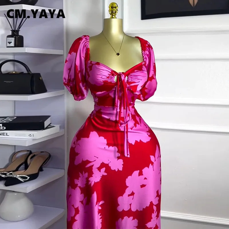 Women Floral Printed Lantern Half Sleeve Tie Up Long Maxi Dress 2025 Birthday Evening Sexy club Party Dresses Vestidos