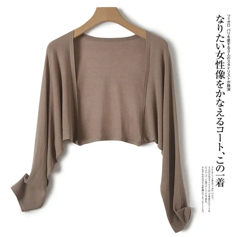 Ice Silk Sun Protection Cover Ups Women Long Sleeve Knitted Shawl Thin Summer Relax Cardigan Cape Outerwear Shirt Loose Freesize Camel One Size