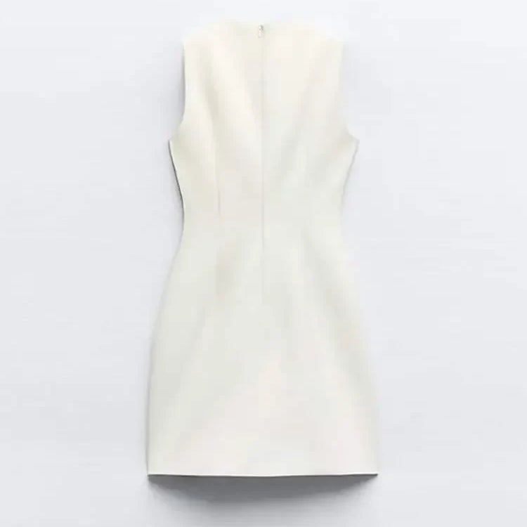 Elegant Solid Slim Sleeveless White Mini Dress Women Sexy Hollow Out Leather Buckle Short Vestidos Chic Ladies Streetwear