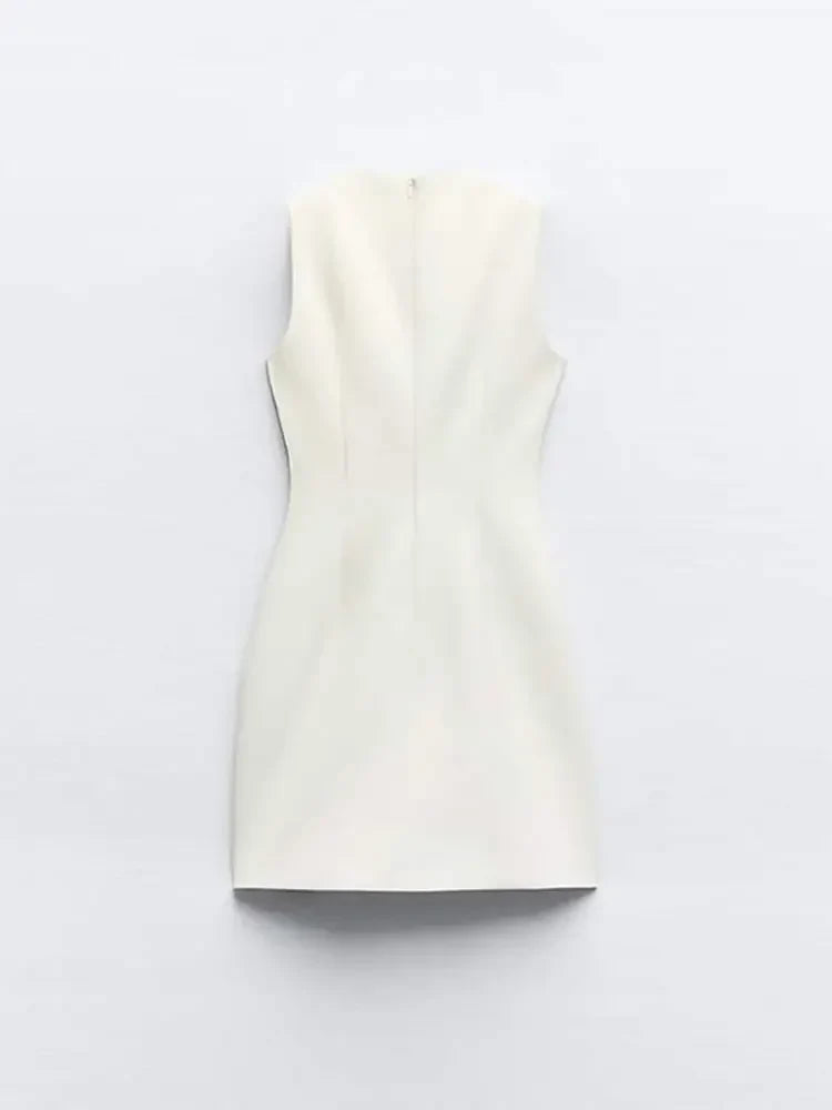Elegant Solid Slim Sleeveless White Mini Dress Women Sexy Hollow Out Leather Buckle Short Vestidos Chic Ladies Streetwear