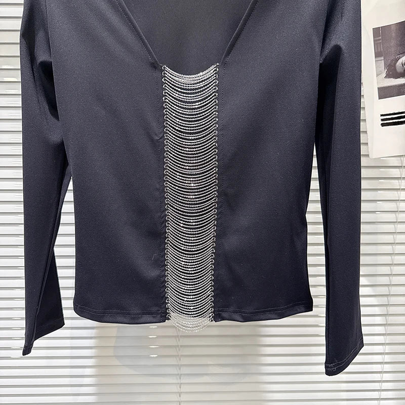 Winter New Fashionable Style V-Neck Beaded Tassel Design Long Sleeve T-Shirt For Women Versatile Tops Female 11A07950