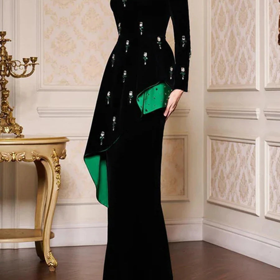 Colorblock Spliced Bead Luxurious Two Piece Sets for Women Square Neck Long Sleeves Top High Waist Skirt Set Female