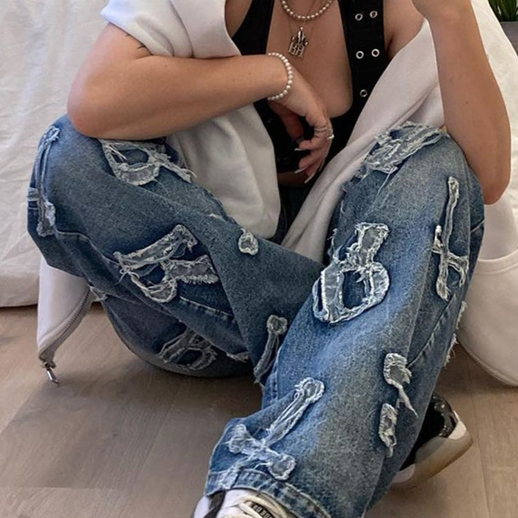 Rockmore Patchwork Women's Jeans Y2K Streetwear Baggy Straight Cargo Pants Punk High Waist Wide Leg Denim Trousers 90s Vintage