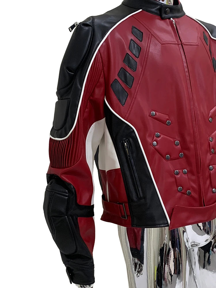 Mauroicardi Autumn Winter Cool Short Patchwork Pu Leather Racer Jacket Men Shoulder Pads Rivet Runway European Fashion Clothes