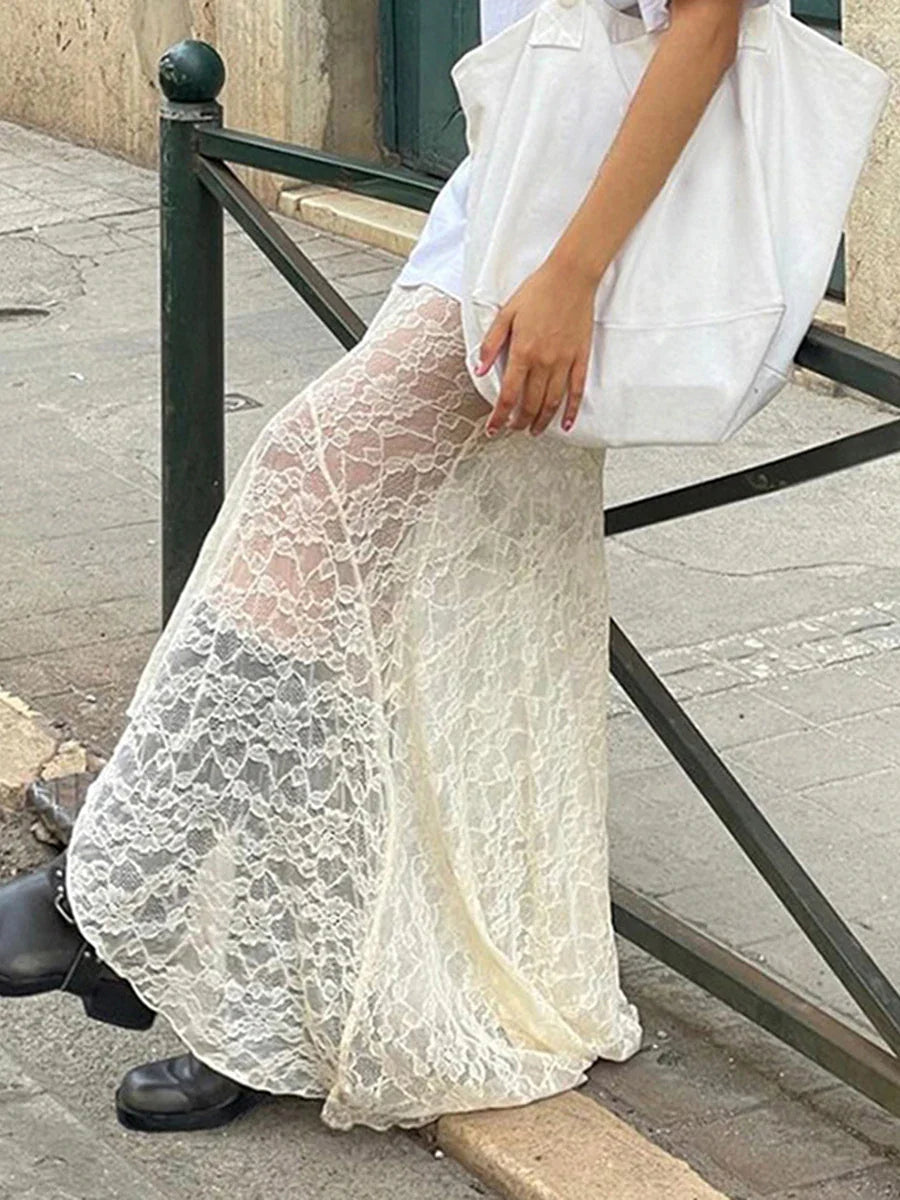 Women Lace Fishtail Skirt Casual for Beach Vacation See Through Mid-Waisted Maxi Skirts Women Autumn Spring