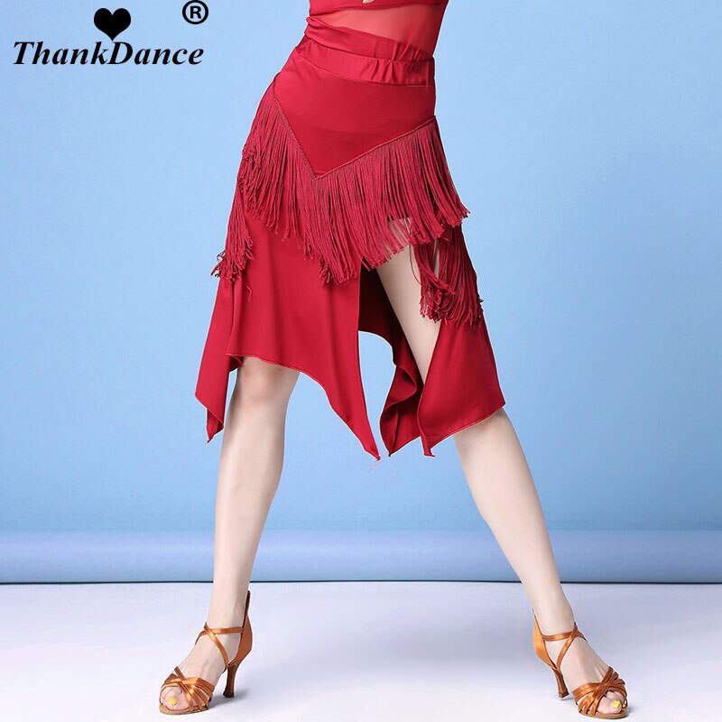 Sexy Women Latin Skirt Tango Rumba Dancewear Ballroom Fringe Tassels with Shorts Inside Dance Skirt Practice Wear Outfit Red
