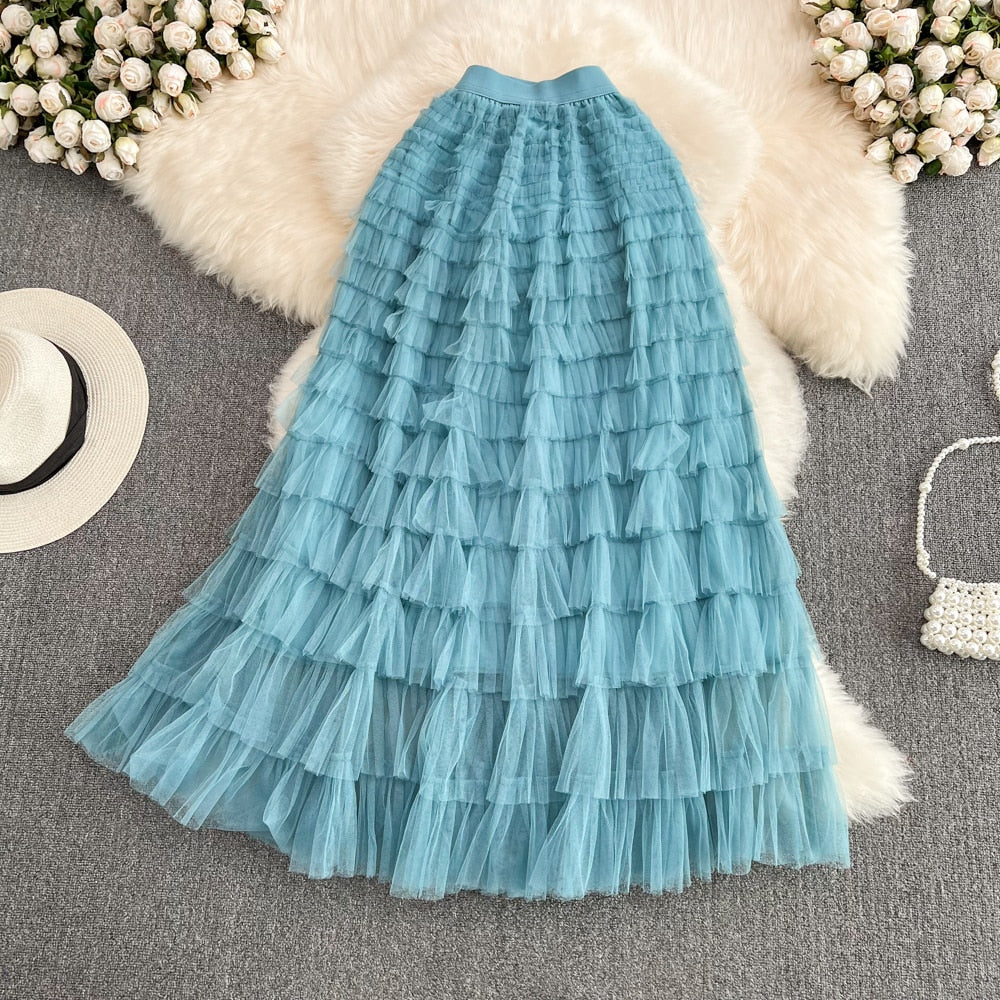 Super Long 97cm Maxi Tulle Skirts for Women 2024 New Chic Patchwork Cake Skirt Multilayer Large Swing A-Line Skirts Mujer Faldas